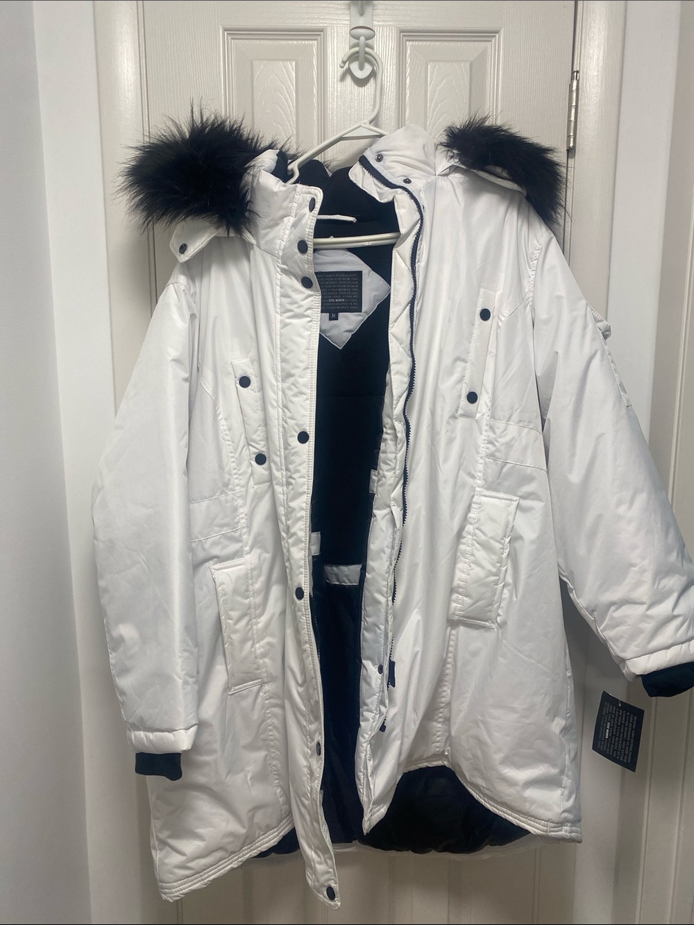 Steve Madden White Parka Jacket with Black Fur Trim